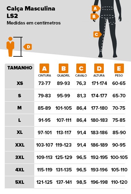 Tabela de medidas calça LS2 masculina